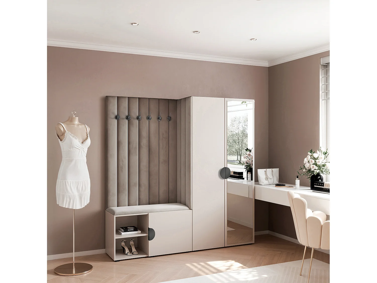 Garderobe Aria 190 cm Kaschmir Gepolstert Mausgrau Soft-Close Griffe Schwarz
