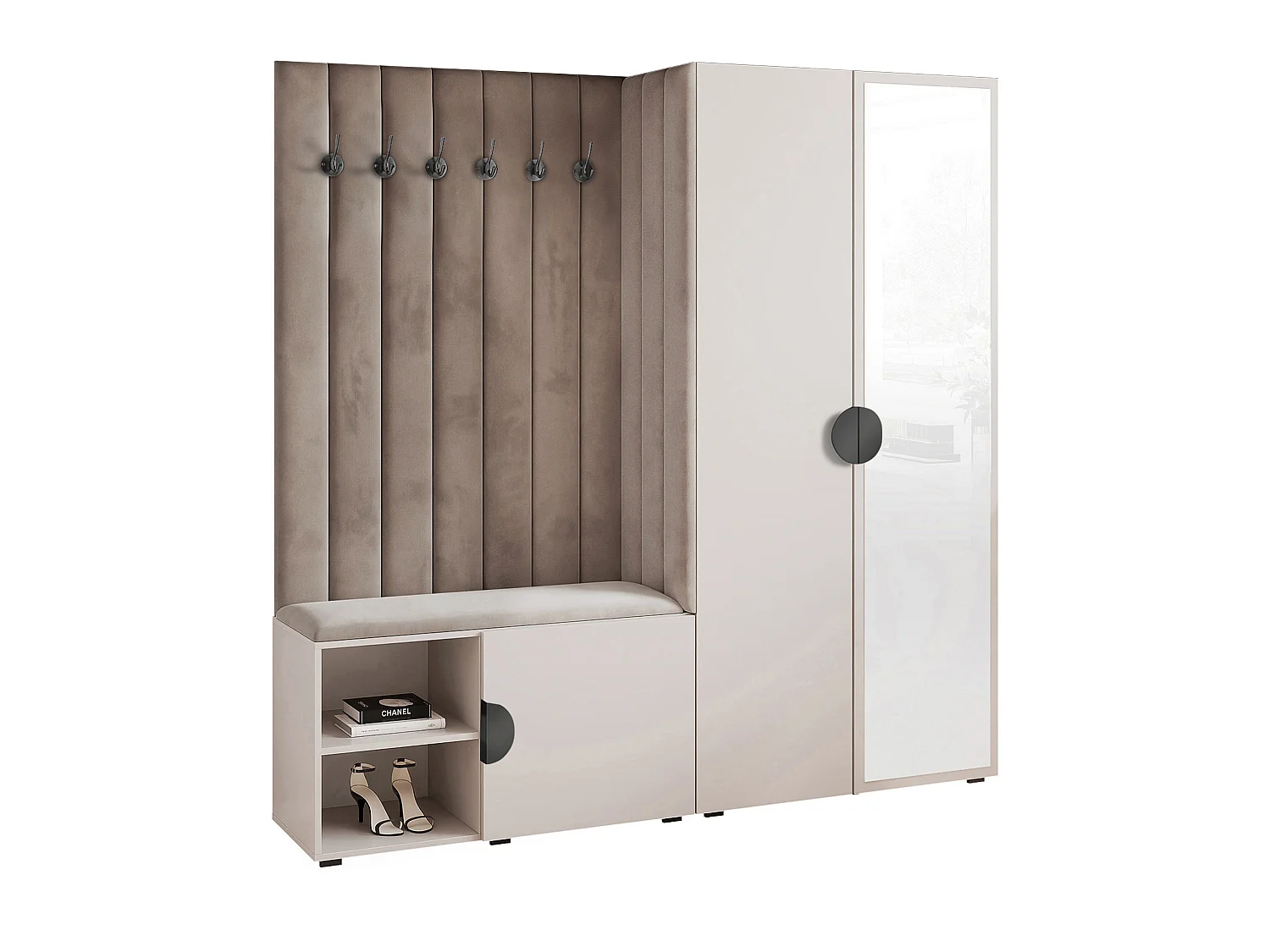 Garderobe Aria 190 cm Kaschmir Gepolstert Mausgrau Soft-Close Griffe Schwarz