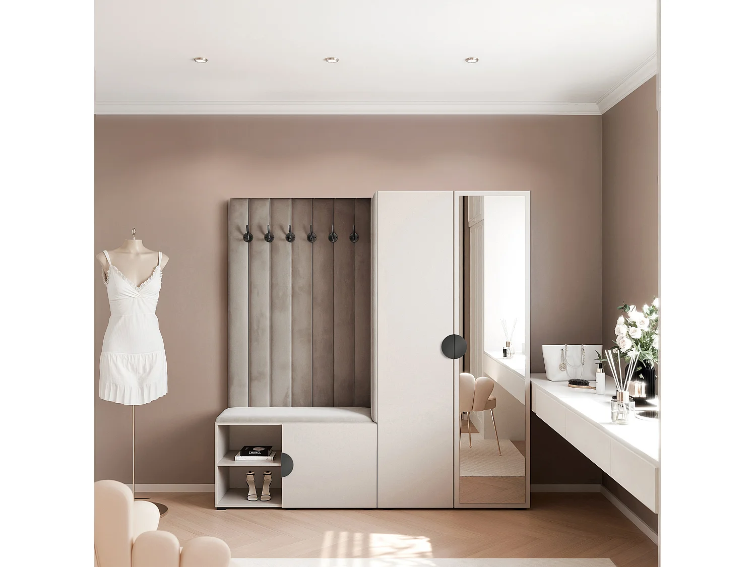 Garderobe Aria 190 cm Kaschmir Gepolstert Mausgrau Soft-Close Griffe Schwarz