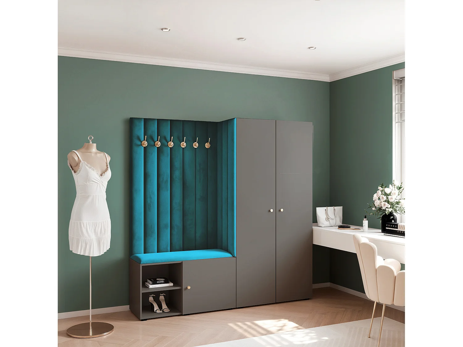 Garderobe Aria 190 cm Grau Gepolstert Marineblau Soft-Close Griffe Gold