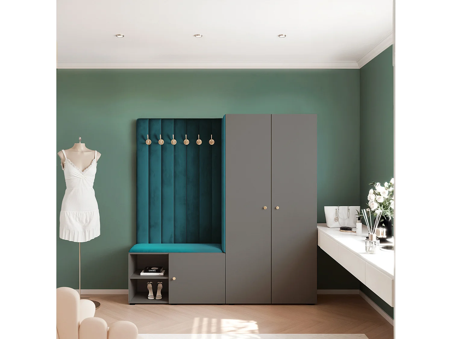 Garderobe Aria 190 cm Grau Gepolstert Marineblau Soft-Close Griffe Gold