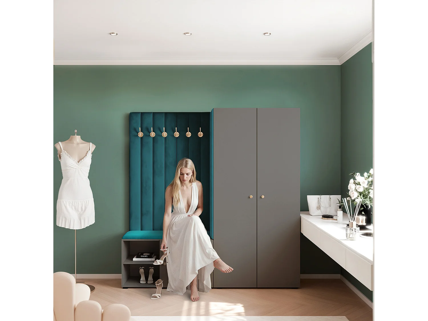 Garderobe Aria 190 cm Grau Gepolstert Marineblau Soft-Close Griffe Gold