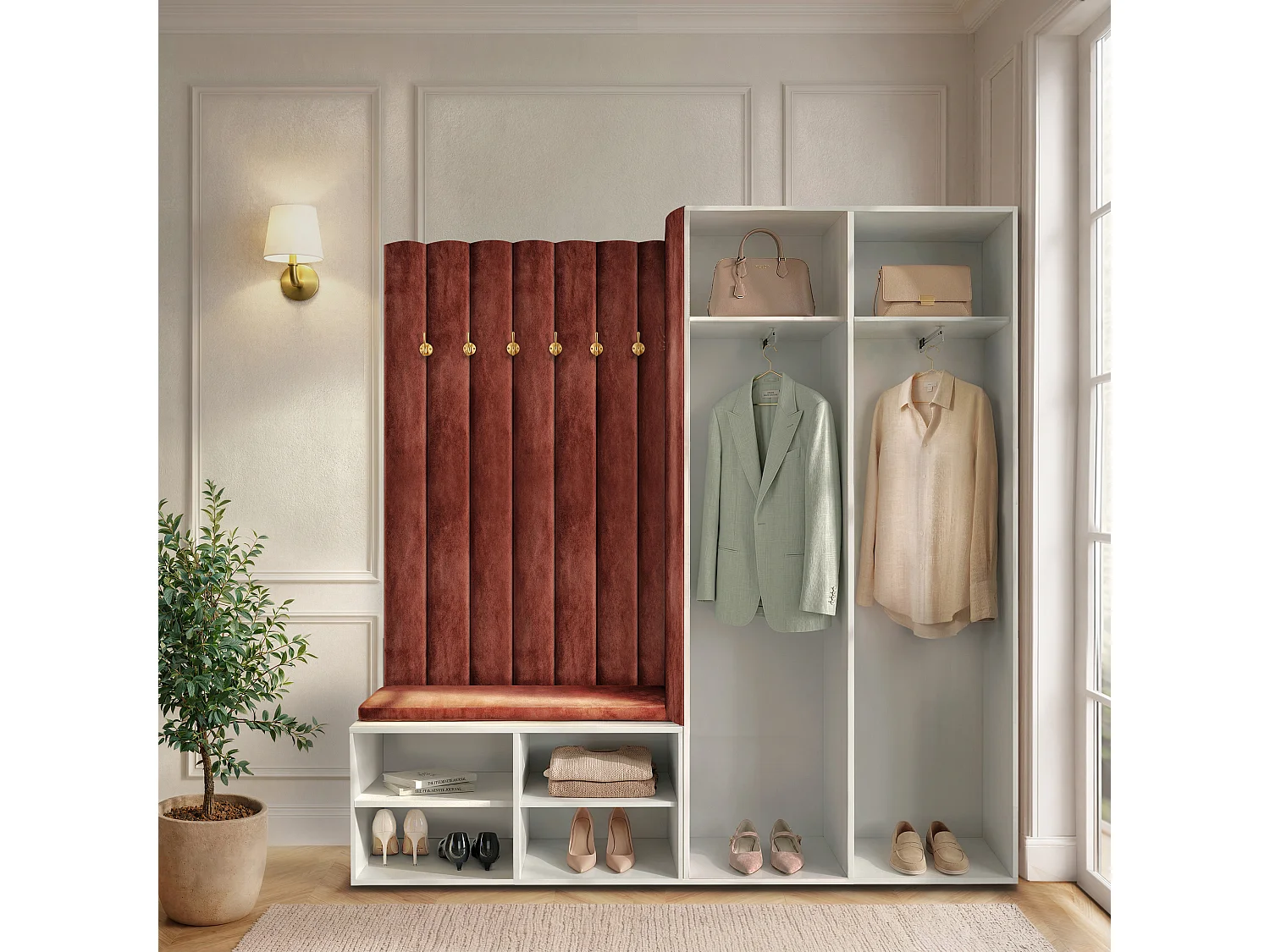 Garderobe Aria 190 cm Grau Gepolstert Marineblau Soft-Close Griffe Gold