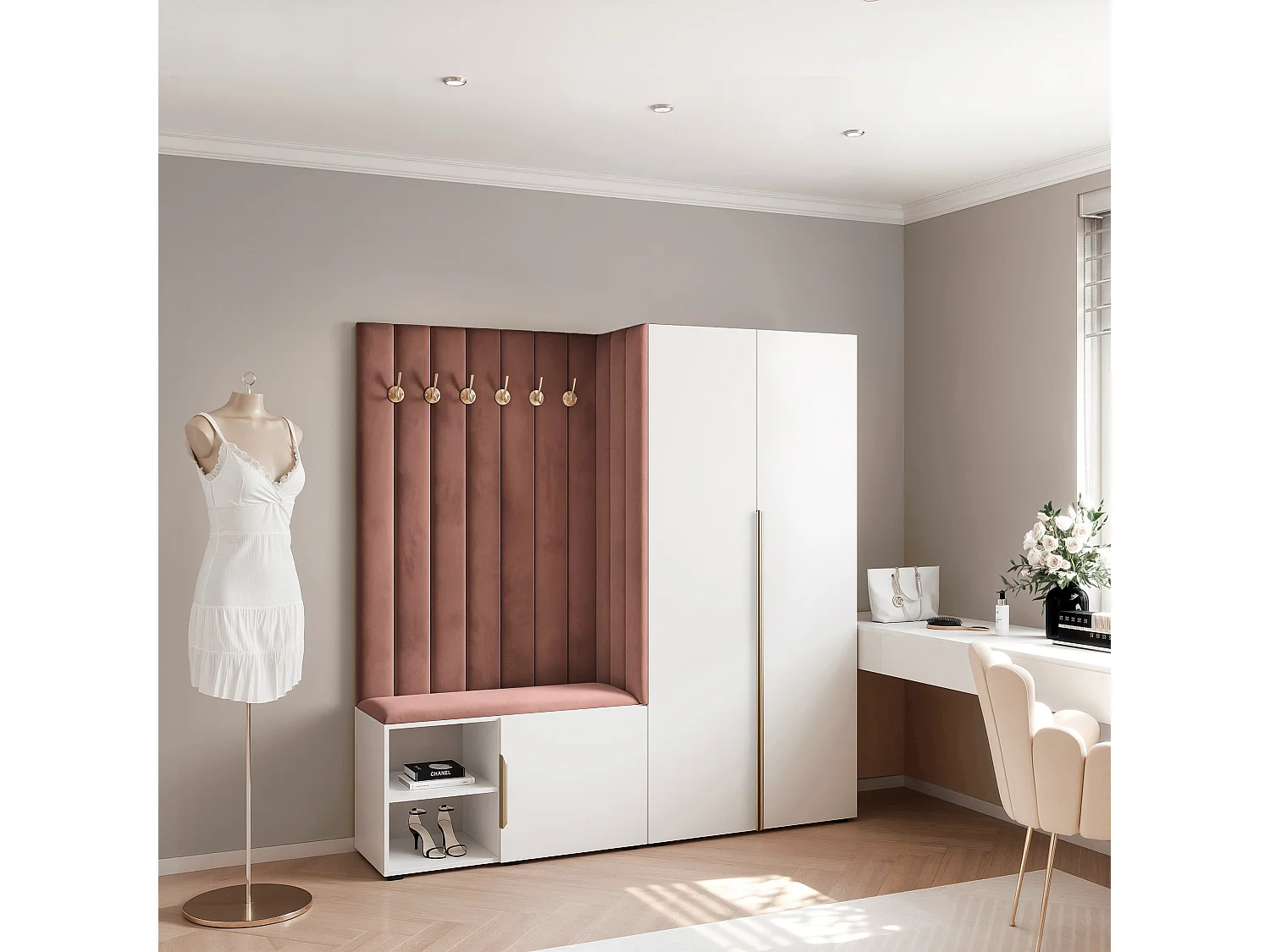 Garderobe Aria 190 cm Weiß Gepolstert Rost Soft-Close Griffe Gold