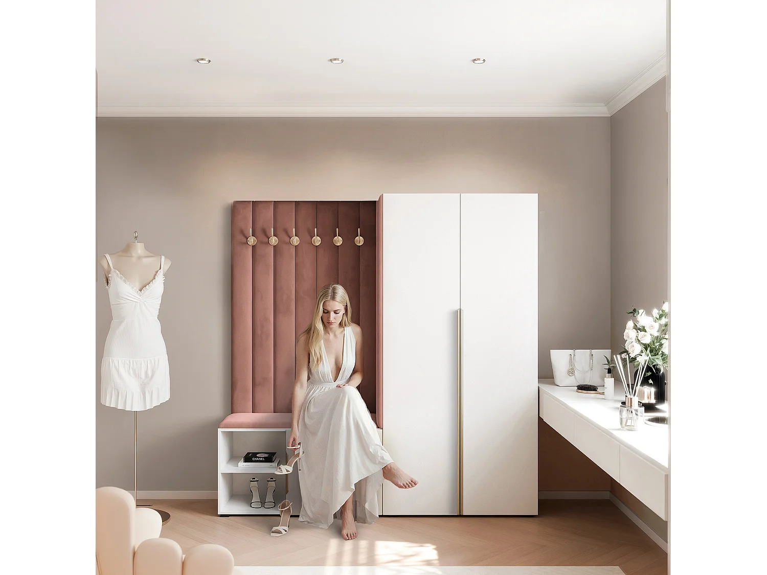 Garderobe Aria 190 cm Weiß Gepolstert Rost Soft-Close Griffe Gold