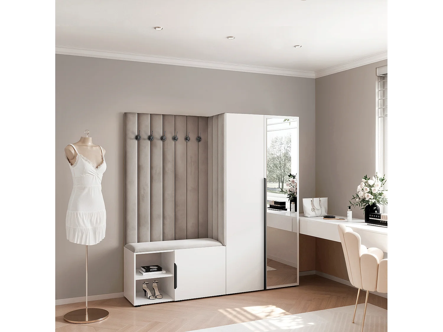 Garderobe Aria 190 cm Weiß Gepolstert Hellgrau Soft-Close Griffe Schwarz