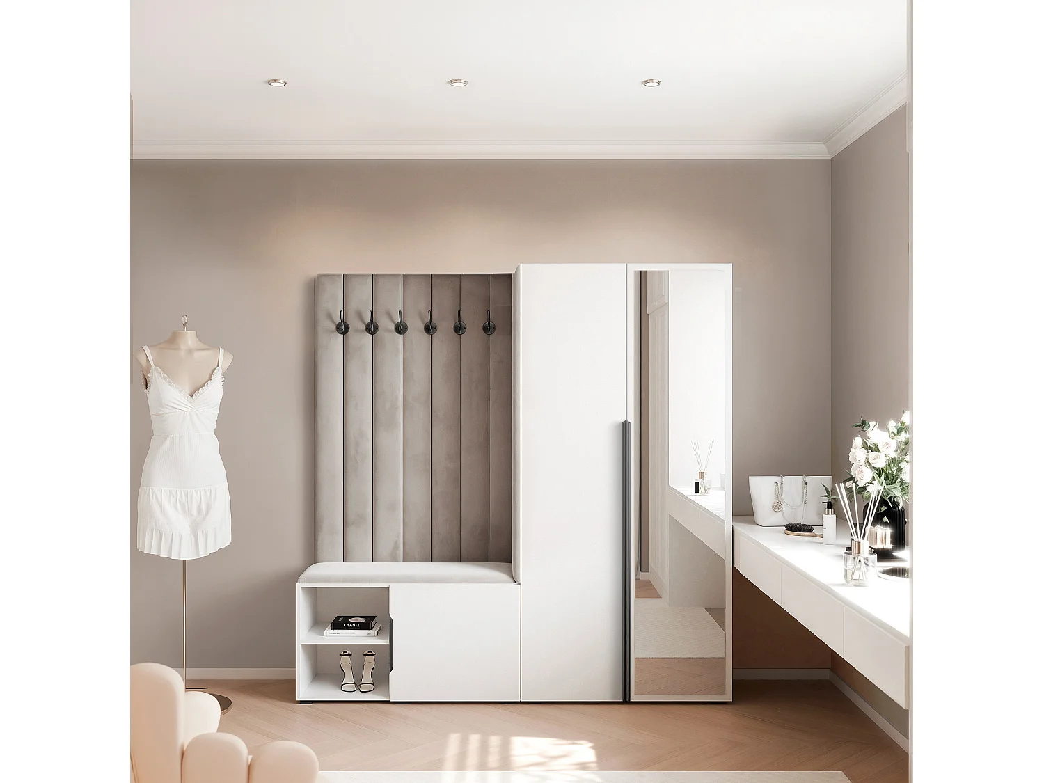 Garderobe Aria 190 cm Weiß Gepolstert Hellgrau Soft-Close Griffe Schwarz