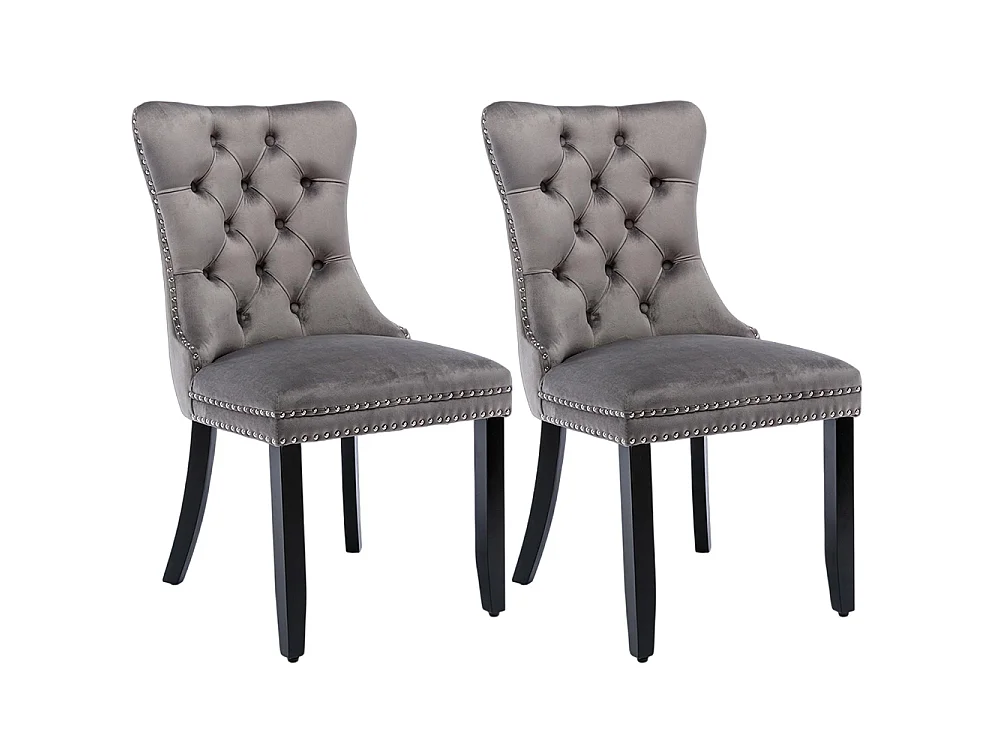 Lot de 2 Chaises de Salle à Manger, Chaise de Cuisine, Dossier à Ailes, Pieds en bois massif, Rembourrée, Gris velours