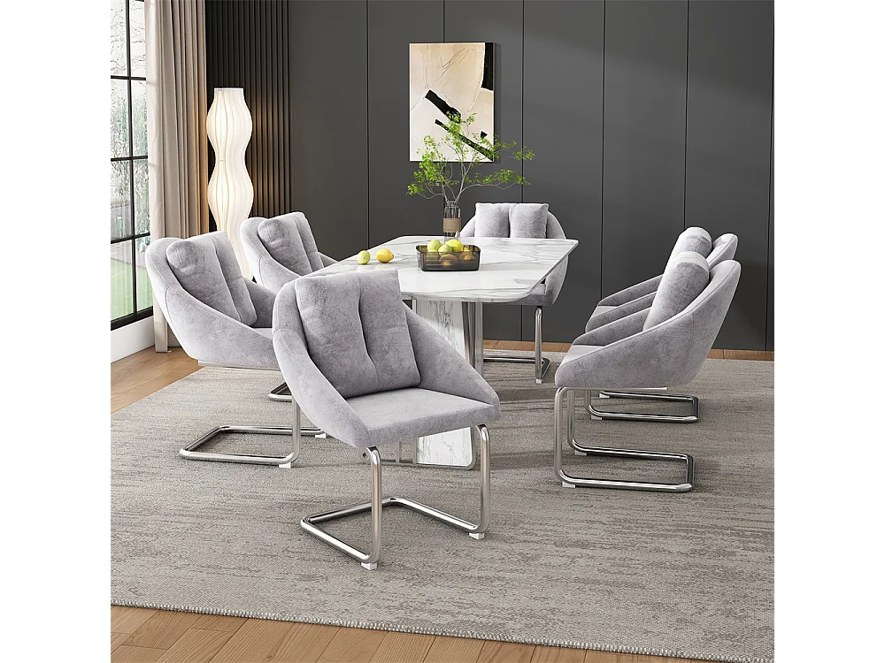 Chaises salle à manger - Lot de 6 - Piètement luge design - Velours gris - Dossier ergonomique - Pieds métal