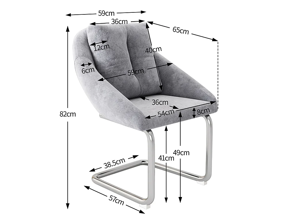 Chaises salle à manger - Lot de 6 - Piètement luge design - Velours gris - Dossier ergonomique - Pieds métal