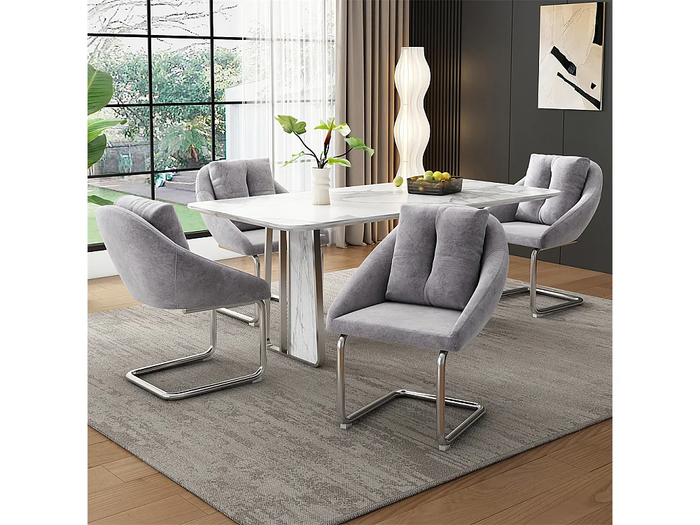 Chaises salle à manger - Lot de 4 - Piètement luge design - Velours gris - Dossier ergonomique - Pieds métal