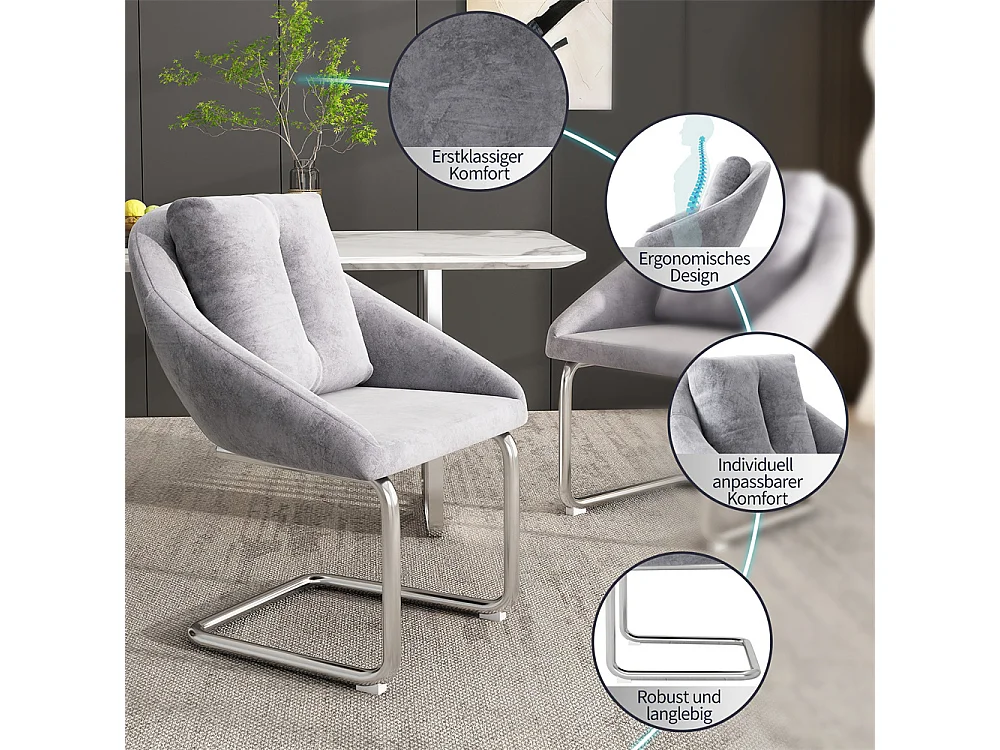 Chaises salle à manger - Lot de 4 - Piètement luge design - Velours gris - Dossier ergonomique - Pieds métal
