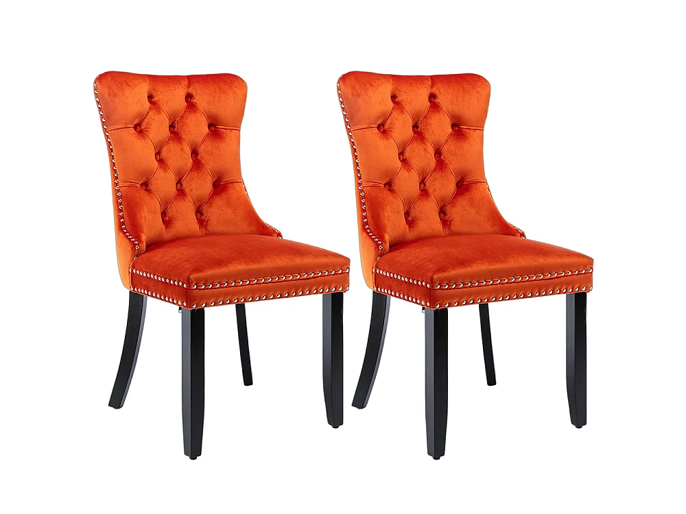 Lot de 2 Chaises de Salle à Manger, Chaise de Cuisine, Dossier à Ailes, Pieds en bois massif, Rembourrée, Orange velours