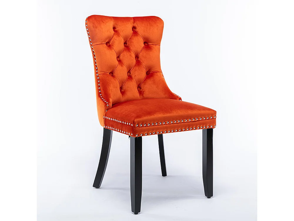 Lot de 2 Chaises de Salle à Manger, Chaise de Cuisine, Dossier à Ailes, Pieds en bois massif, Rembourrée, Orange velours