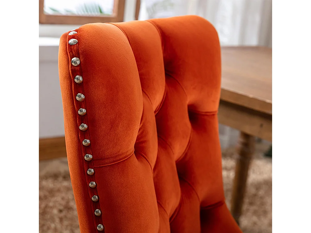 Lot de 2 Chaises de Salle à Manger, Chaise de Cuisine, Dossier à Ailes, Pieds en bois massif, Rembourrée, Orange velours