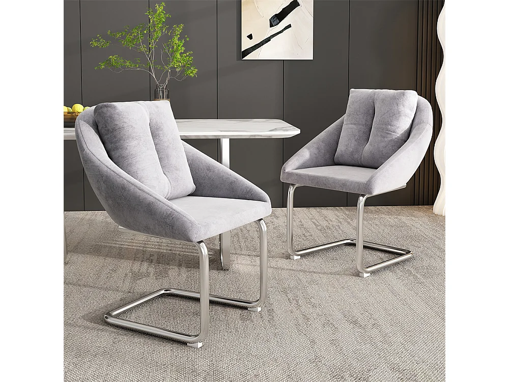 Chaises salle à manger - Lot de 2 - Piètement luge design - Velours gris - Dossier ergonomique - Pieds métal
