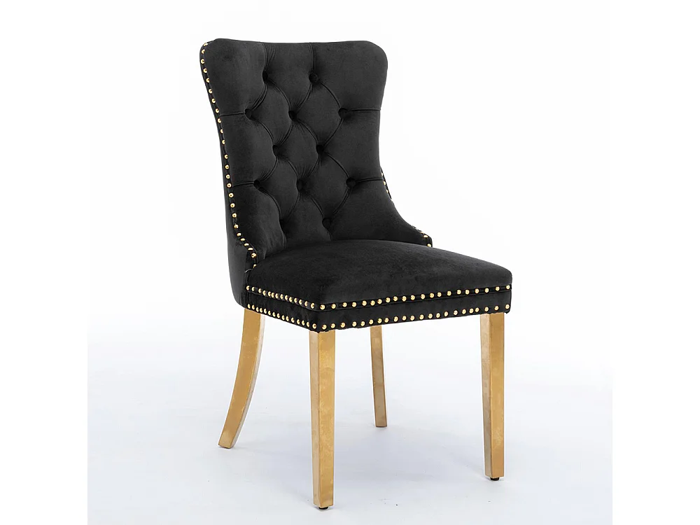 Lot de 2 Chaises de Salle à Manger, Chaise de Cuisine, Dossier à Ailes, Pieds en métal doré, Rembourrée, Noir velours