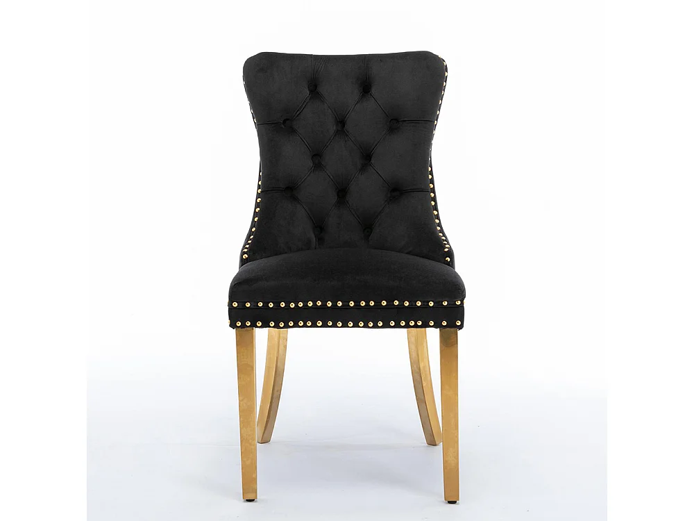 Lot de 2 Chaises de Salle à Manger, Chaise de Cuisine, Dossier à Ailes, Pieds en métal doré, Rembourrée, Noir velours