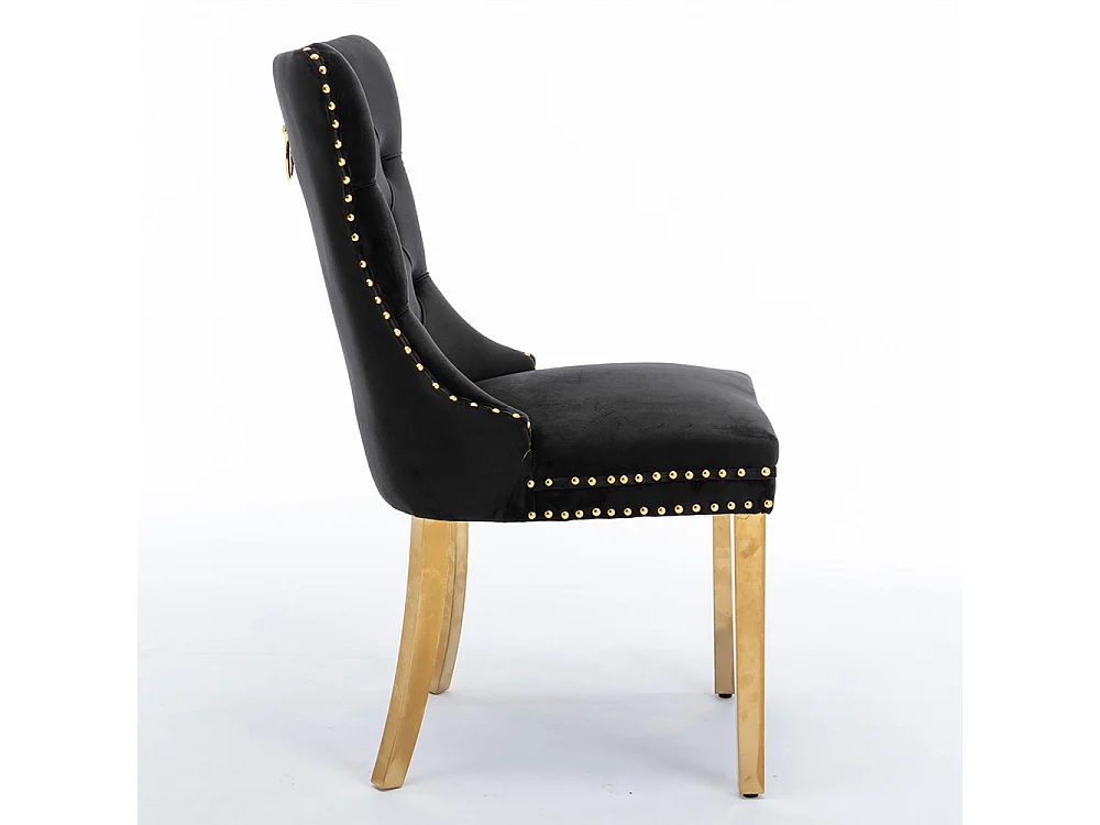 Lot de 2 Chaises de Salle à Manger, Chaise de Cuisine, Dossier à Ailes, Pieds en métal doré, Rembourrée, Noir velours