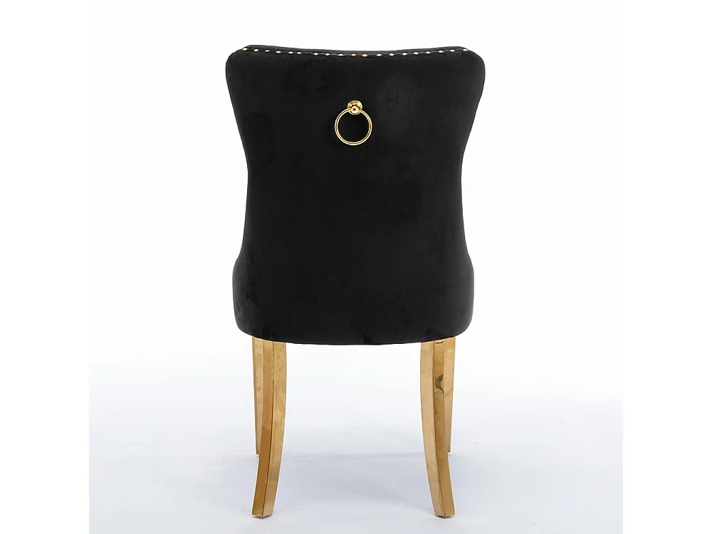 Lot de 2 Chaises de Salle à Manger, Chaise de Cuisine, Dossier à Ailes, Pieds en métal doré, Rembourrée, Noir velours