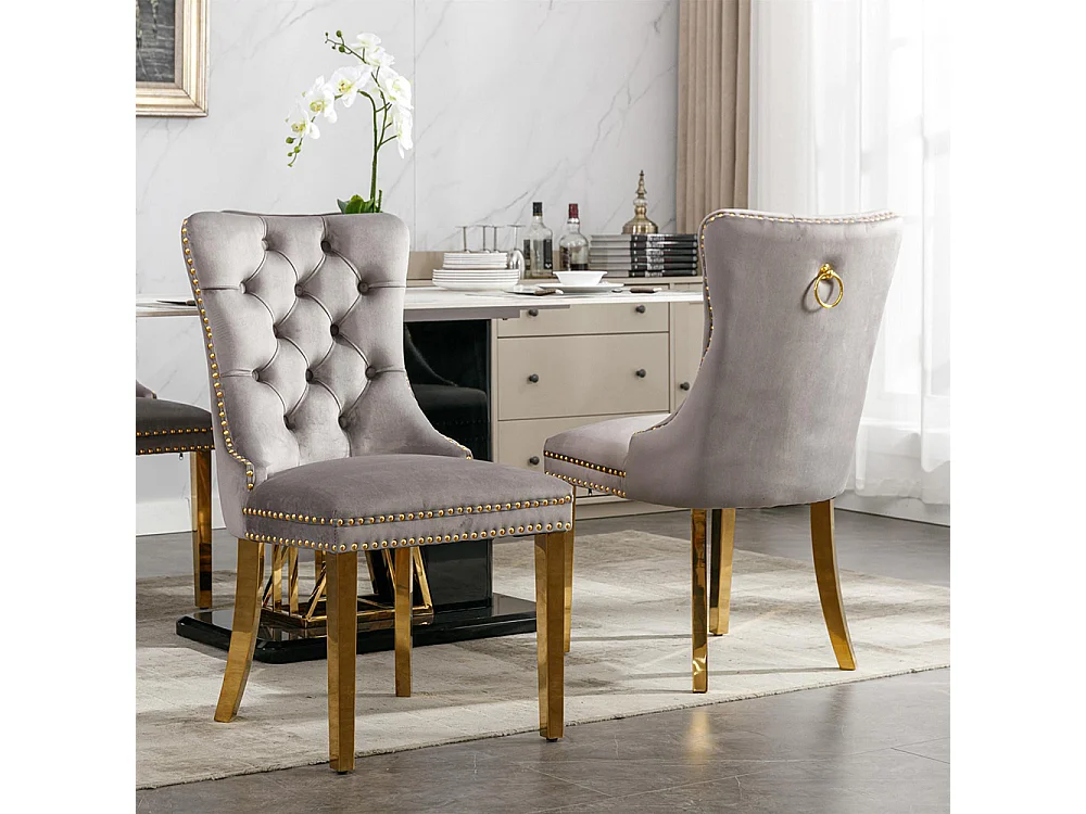 Lot de 2 Chaises de Salle à Manger, Chaise de Cuisine, Dossier à Ailes, Pieds en métal doré, Rembourrée, Gris velours