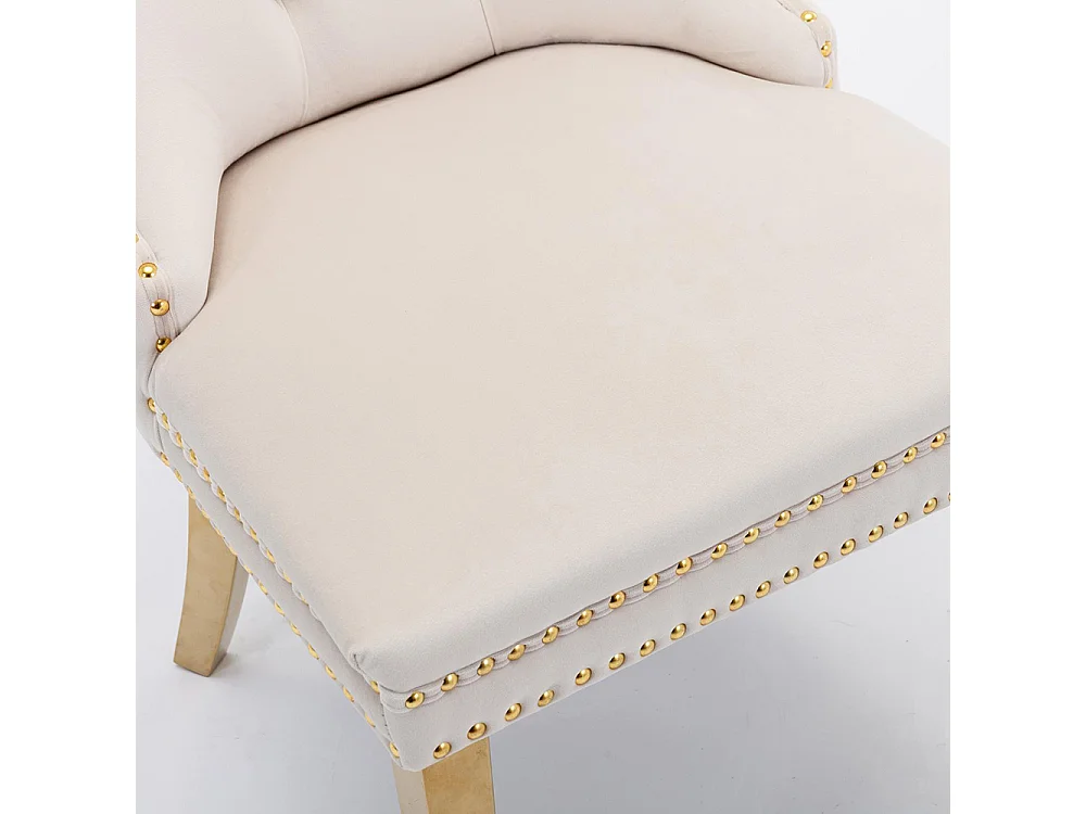 Lot de 2 Chaises de Salle à Manger, Chaise de Cuisine, Dossier à Ailes, Pieds en métal doré, Rembourrée, Beige velours