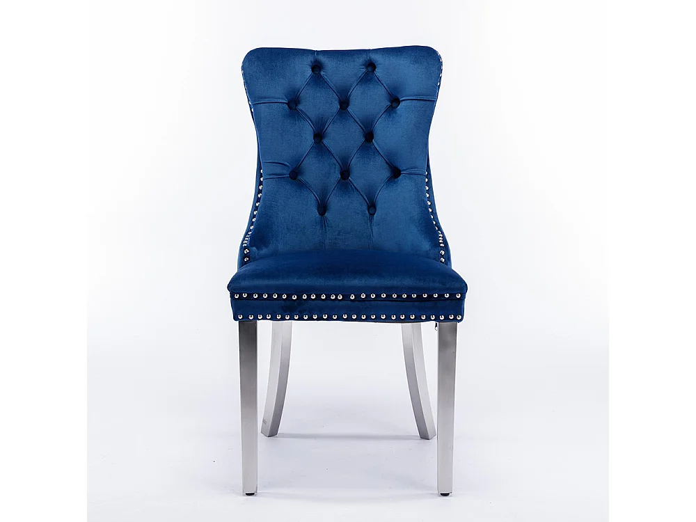 Lot de 2 Chaises de Salle à Manger, Chaise de Cuisine, Dossier à Ailes, Pieds en métal argenté, Rembourrée, Bleu velours