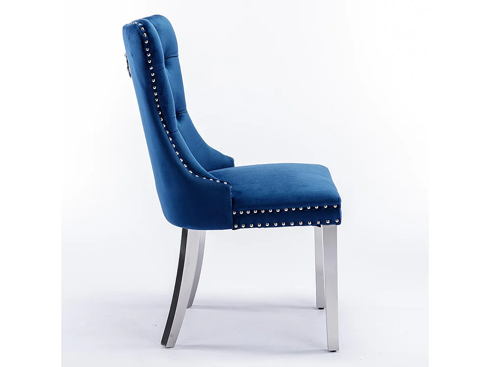 Lot de 2 Chaises de Salle à Manger, Chaise de Cuisine, Dossier à Ailes, Pieds en métal argenté, Rembourrée, Bleu velours