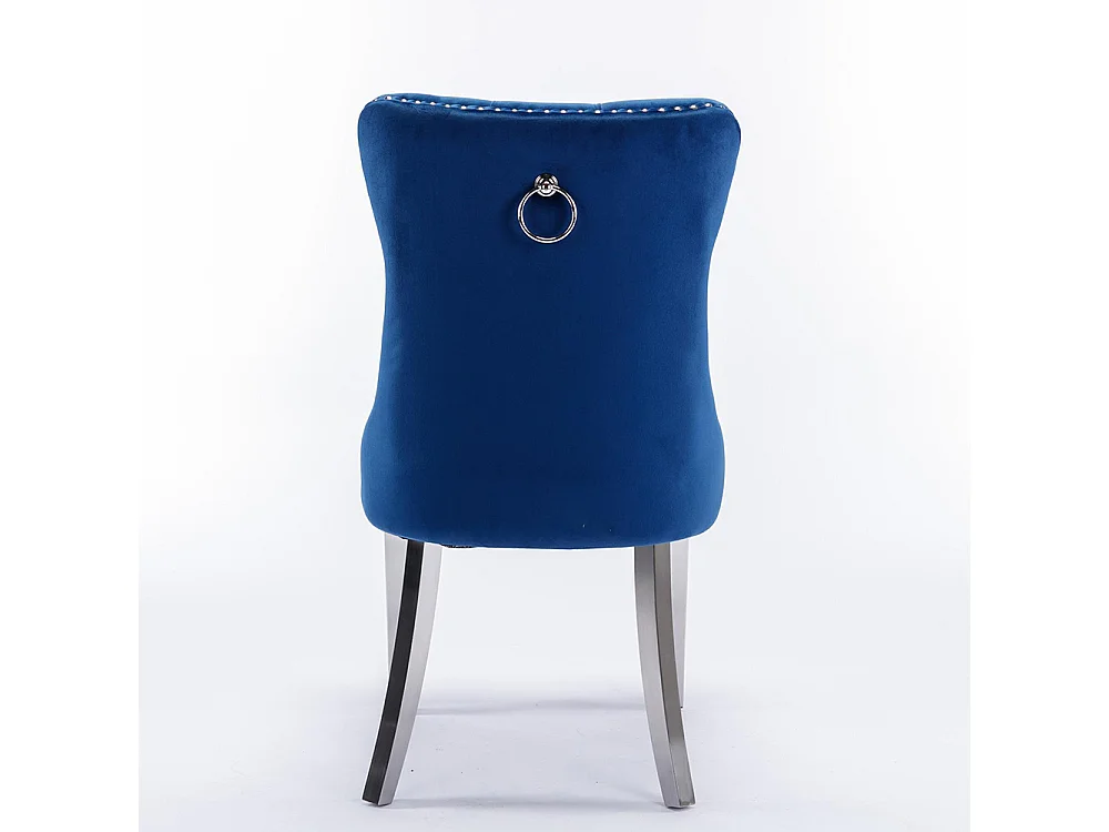 Lot de 2 Chaises de Salle à Manger, Chaise de Cuisine, Dossier à Ailes, Pieds en métal argenté, Rembourrée, Bleu velours