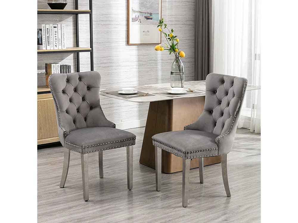 Lot de 2 Chaises de Salle à Manger, Chaise de Cuisine, Dossier à Ailes, Pieds en métal argenté, Rembourrée, Gris velours