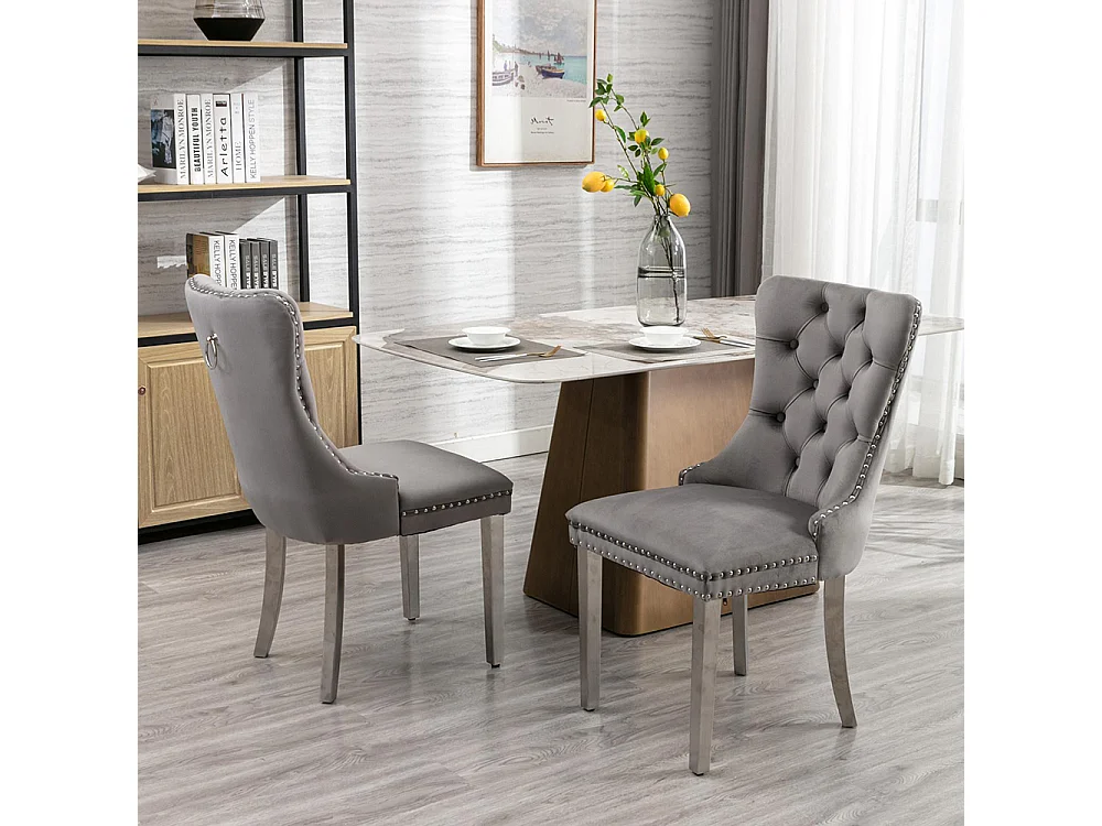 Lot de 2 Chaises de Salle à Manger, Chaise de Cuisine, Dossier à Ailes, Pieds en métal argenté, Rembourrée, Gris velours