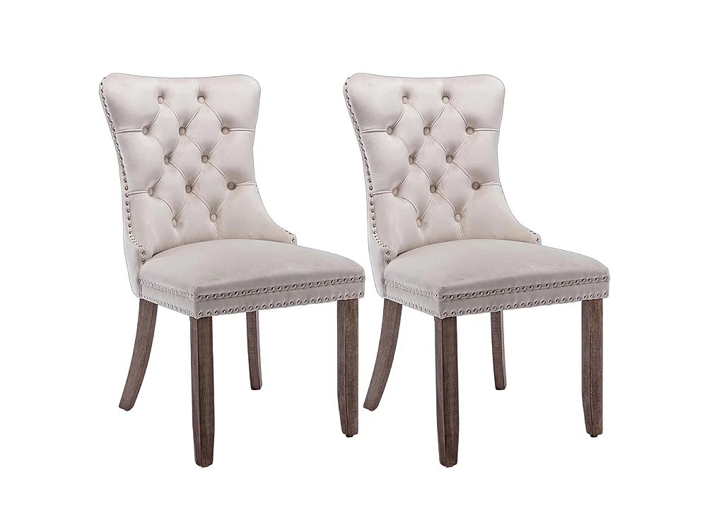 Lot de 2 Chaises de Salle à Manger, Chaise de Cuisine, Dossier à Ailes, Pieds en bois massif, Rembourrée, Beige velours