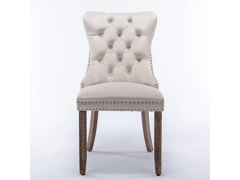 Lot de 2 Chaises de Salle à Manger, Chaise de Cuisine, Dossier à Ailes, Pieds en bois massif, Rembourrée, Beige velours
