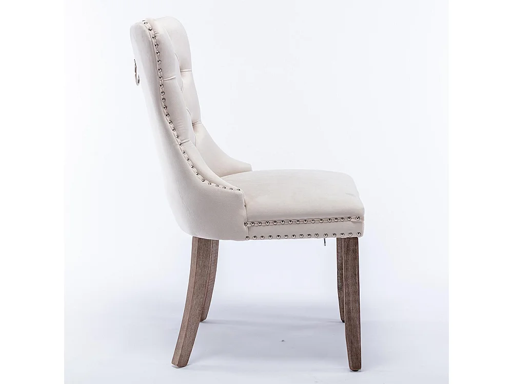 Lot de 2 Chaises de Salle à Manger, Chaise de Cuisine, Dossier à Ailes, Pieds en bois massif, Rembourrée, Beige velours