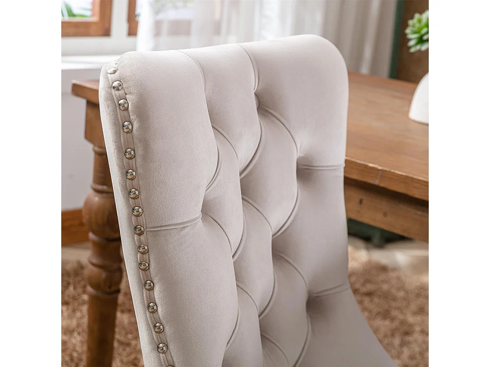 Lot de 2 Chaises de Salle à Manger, Chaise de Cuisine, Dossier à Ailes, Pieds en bois massif, Rembourrée, Beige velours
