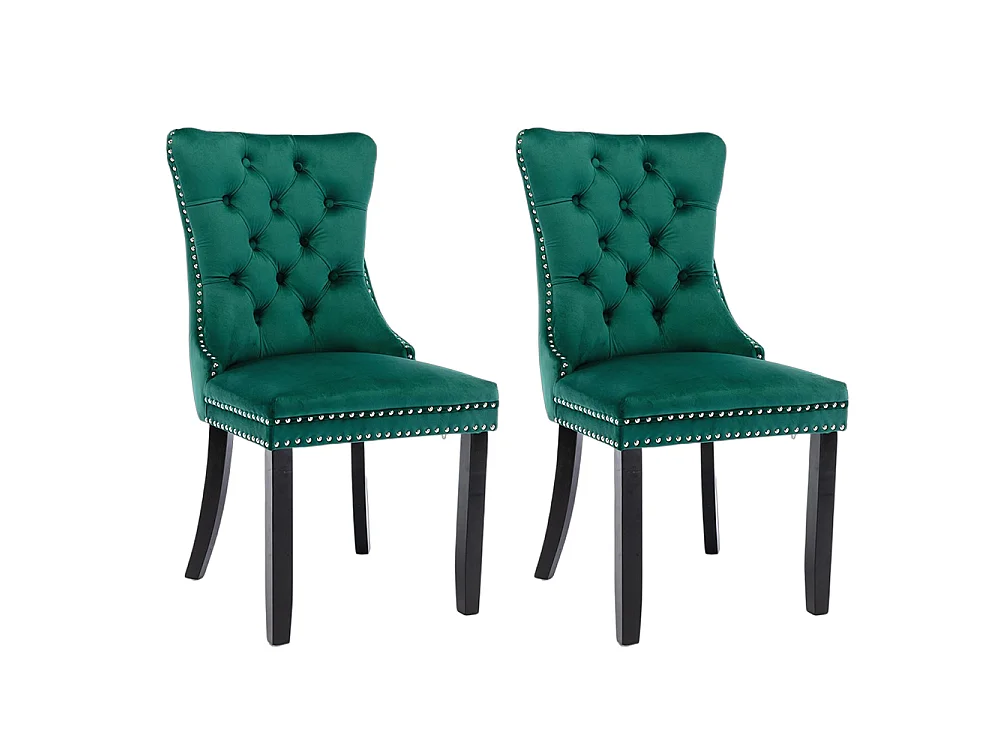 Lot de 2 Chaises de Salle à Manger, Chaise de Cuisine, Dossier à Ailes, Pieds en bois massif, Rembourrée, Vert velours