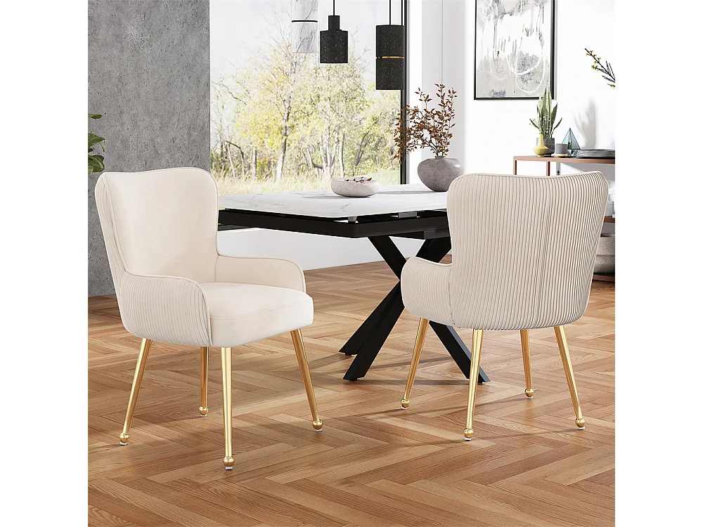 Lot de 2 Chaises de Salle à Manger avec Dossier et Accoudoir, Chaise de Salon Assise en Velours et Pieds en Métal Doré, Beige