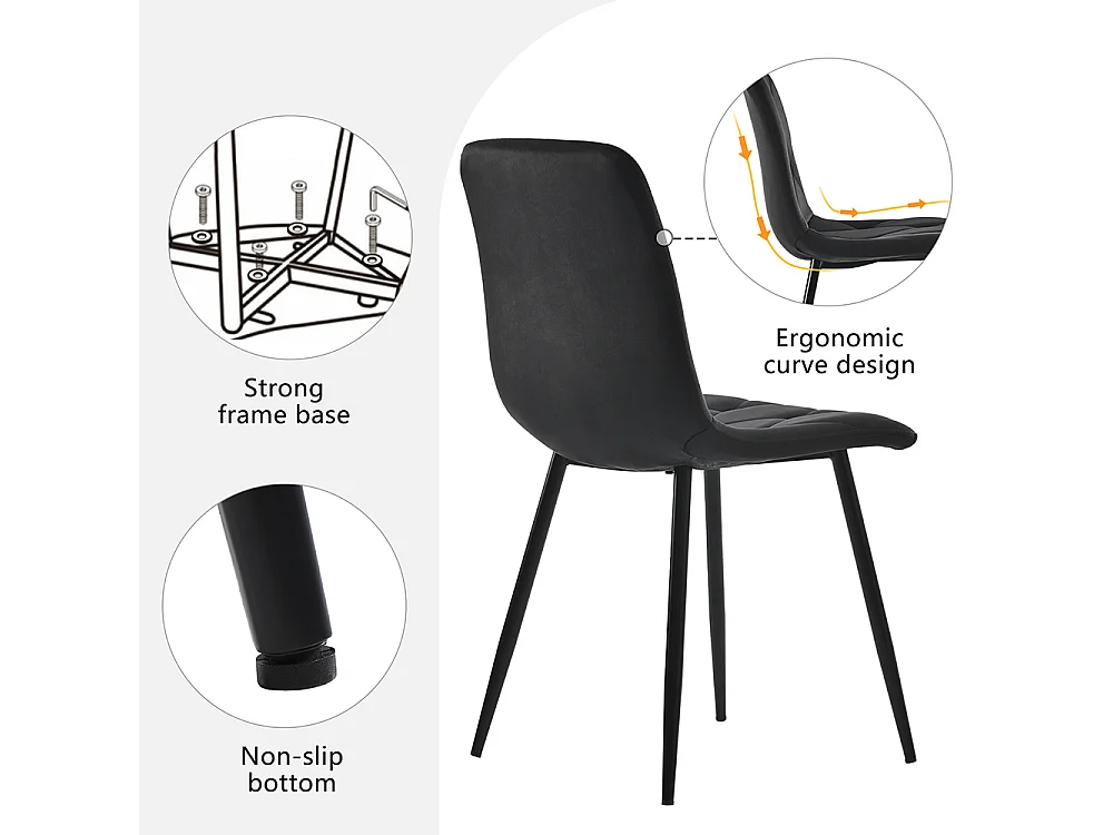 Lot de 4 chaises de salle à manger - Chaises en velours - dossier haut - pieds en acier - 45 Lx46 Px86 H cm - Noir
