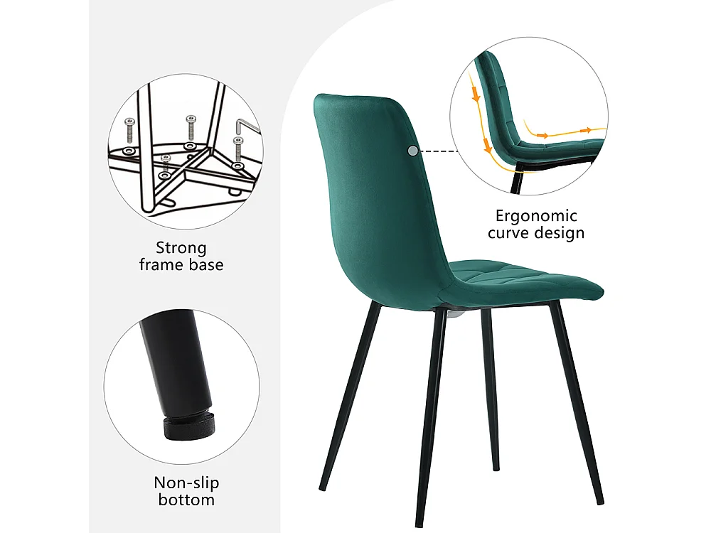 Lot de 4 chaises de salle à manger - Chaises en velours - dossier haut - pieds en acier - 45 Lx46 Px86 H cm - Vert