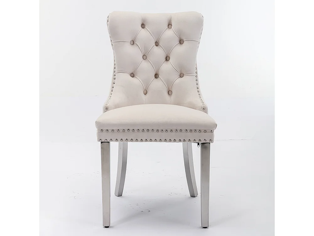 Lot de 2 Chaises de Salle à Manger, Chaise de Cuisine, Dossier à Ailes, Pieds en métal argenté, Rembourrée, Beige velours