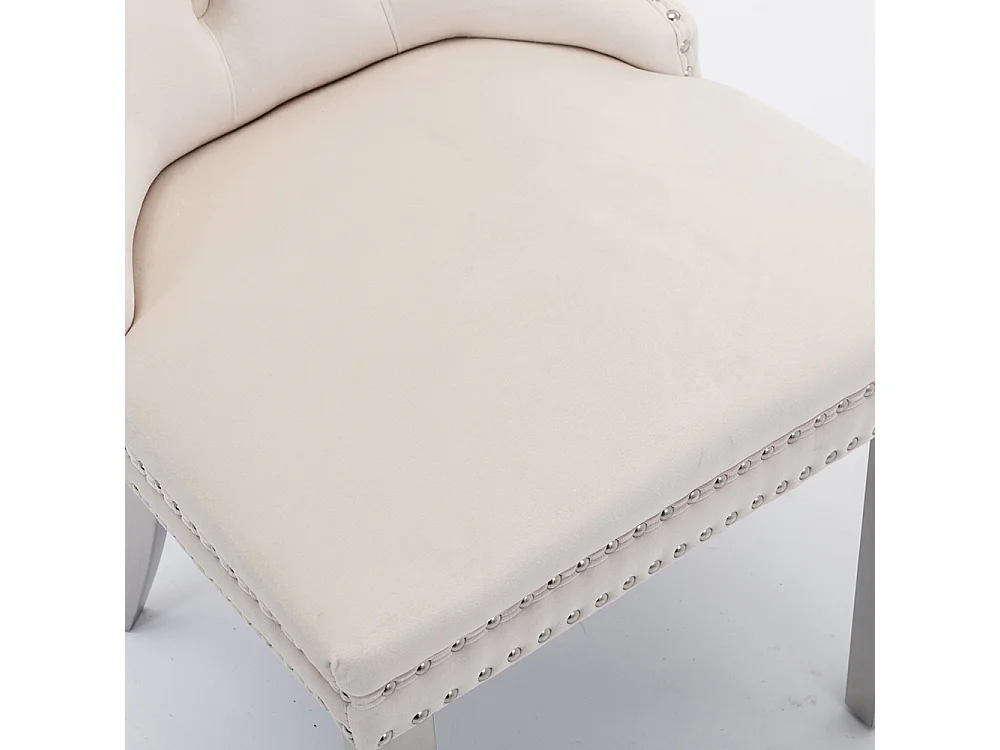 Lot de 2 Chaises de Salle à Manger, Chaise de Cuisine, Dossier à Ailes, Pieds en métal argenté, Rembourrée, Beige velours
