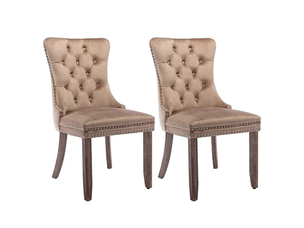 Lot de 2 Chaises de Salle à Manger, Chaise de Cuisine, Dossier à Ailes, Pieds en bois massif, Rembourrée, Kaki velours