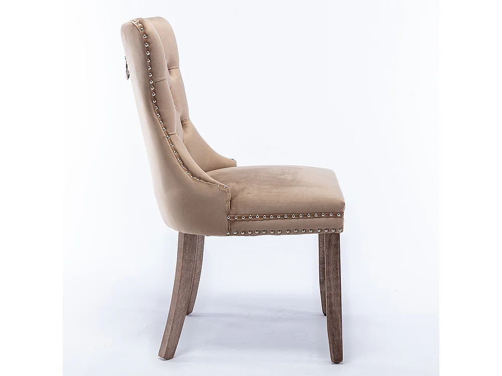 Lot de 2 Chaises de Salle à Manger, Chaise de Cuisine, Dossier à Ailes, Pieds en bois massif, Rembourrée, Kaki velours