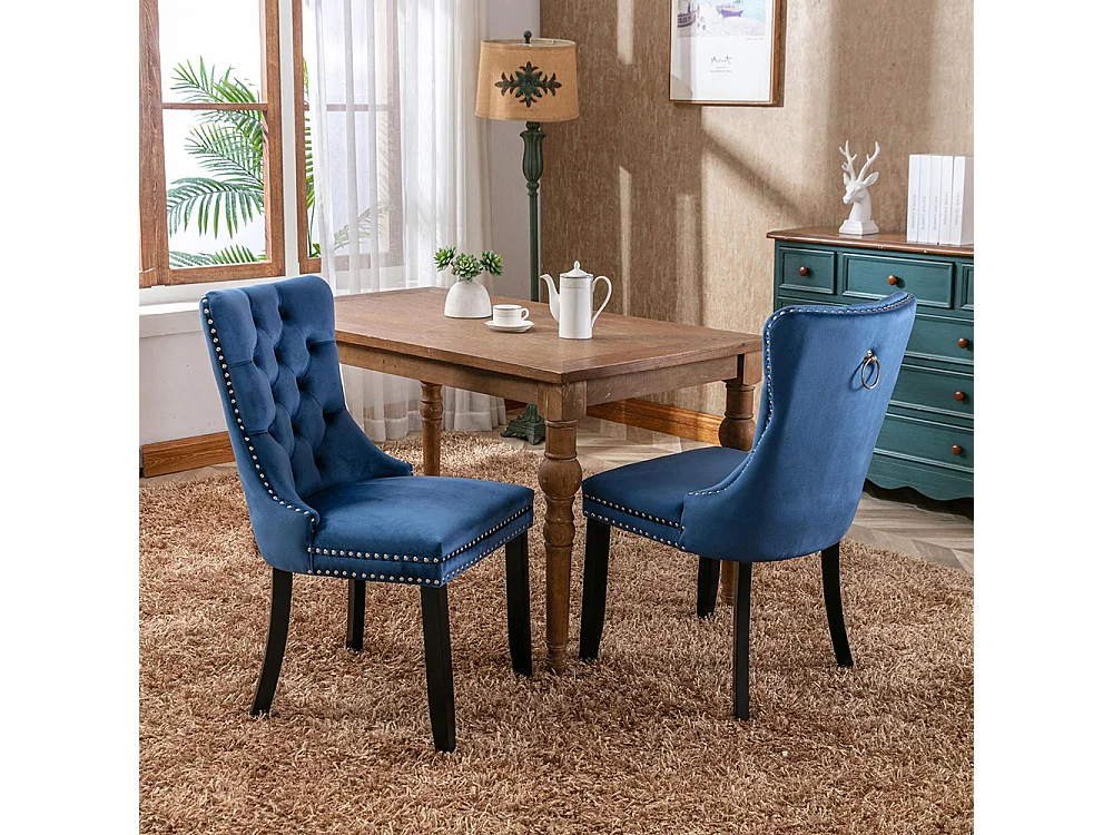 Lot de 2 Chaises de Salle à Manger, Chaise de Cuisine, Dossier à Ailes, Pieds en bois massif, Rembourrée, Bleu velours