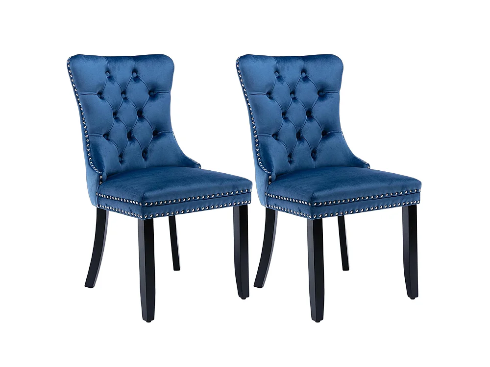 Lot de 2 Chaises de Salle à Manger, Chaise de Cuisine, Dossier à Ailes, Pieds en bois massif, Rembourrée, Bleu velours