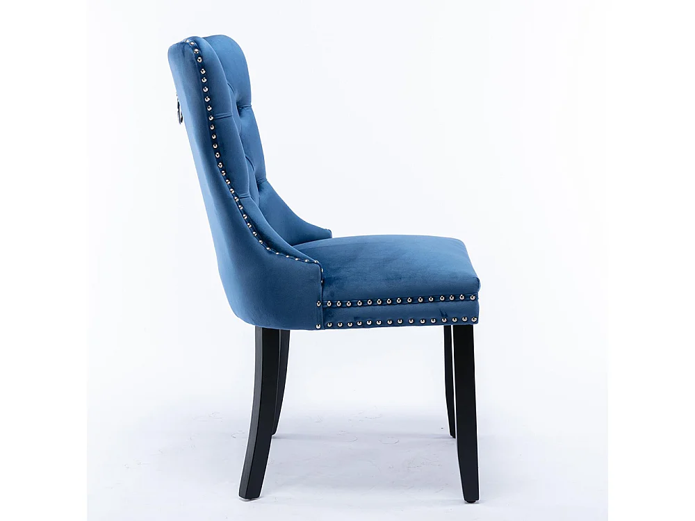 Lot de 2 Chaises de Salle à Manger, Chaise de Cuisine, Dossier à Ailes, Pieds en bois massif, Rembourrée, Bleu velours