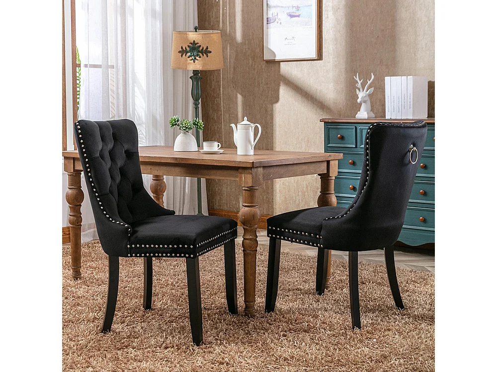 Lot de 2 Chaises de Salle à Manger, Chaise de Cuisine, Dossier à Ailes, Pieds en bois massif, Rembourrée, Noir velours