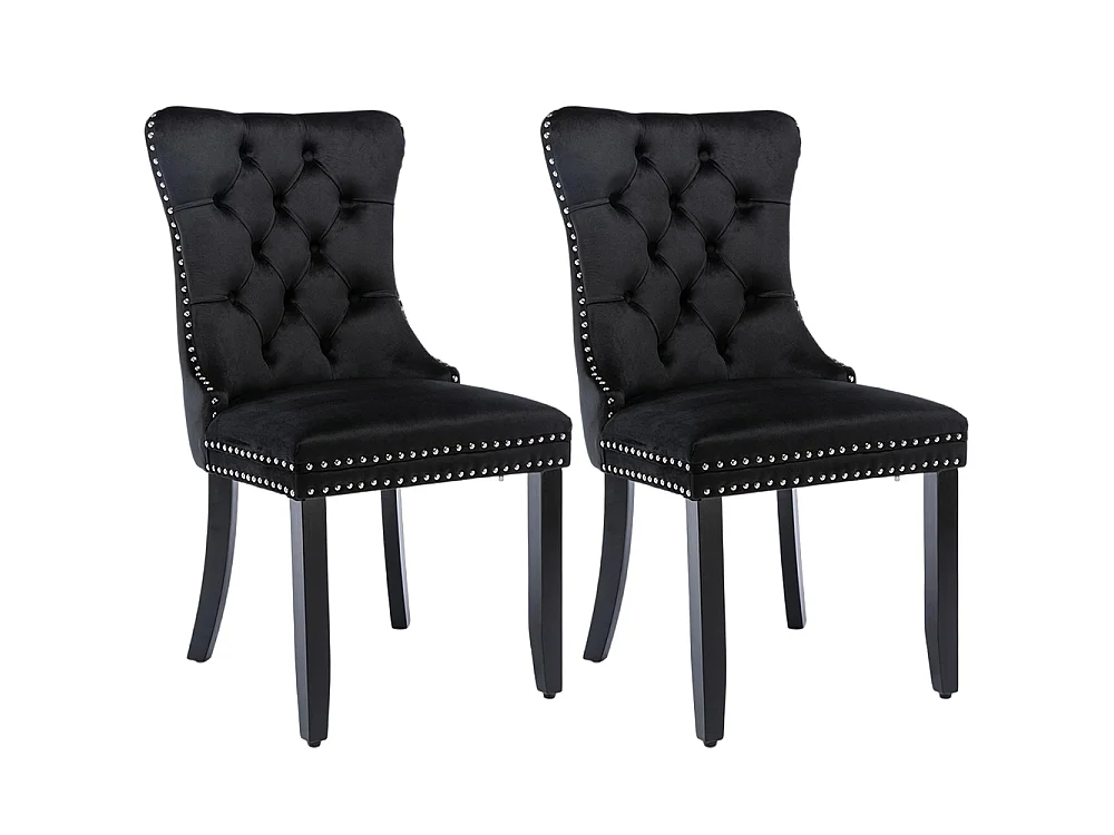 Lot de 2 Chaises de Salle à Manger, Chaise de Cuisine, Dossier à Ailes, Pieds en bois massif, Rembourrée, Noir velours