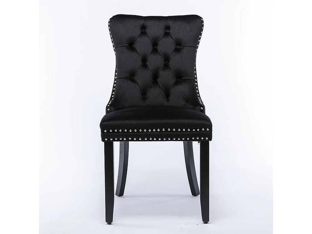 Lot de 2 Chaises de Salle à Manger, Chaise de Cuisine, Dossier à Ailes, Pieds en bois massif, Rembourrée, Noir velours