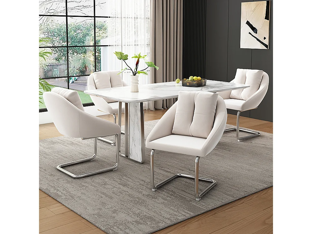 Chaises salle à manger - Lot de 4 - Piètement luge design - Velours beige - Dossier ergonomique - Pieds métal